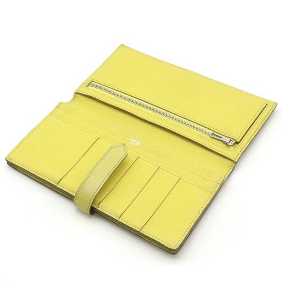 HERMES Hermes Bearn Souffle Bifold Long Wallet Chevre Leather Lime Yellow □Q ... - Picture 4 of 9